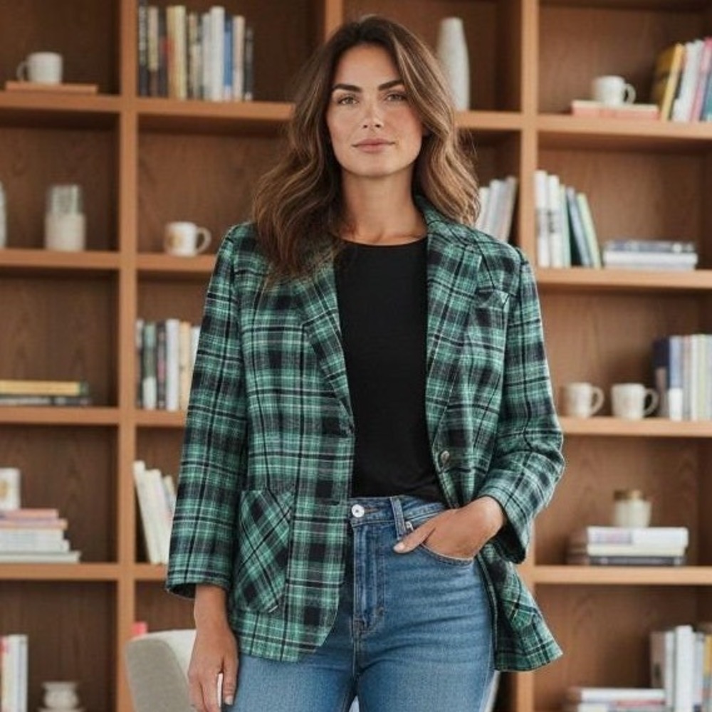 Young Pendleton Blazer Women 7-8 Green Plaid Wool Two Button Vintage Academic